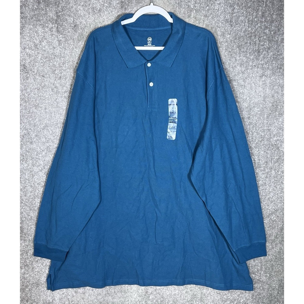 HB Harbor Bay Long Sleeve Polo‎ Shirt Mens Size 5XLT Teal Blue Cotton Preppy New